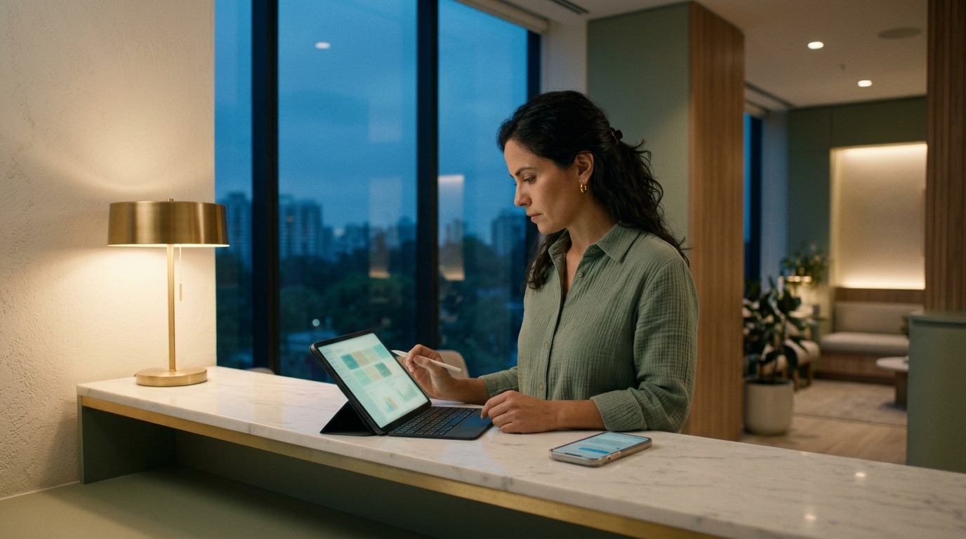 A woman in a sage green blouse reviews a dashboard on her tablet at a marble reception counter at dusk, beside a brass lamp and a phone with an open conversation.