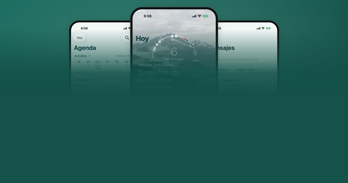 Three iPhones showing the intake app on a green background: the day's agenda, the Today screen with the next appointment, and the list of patient messages.
