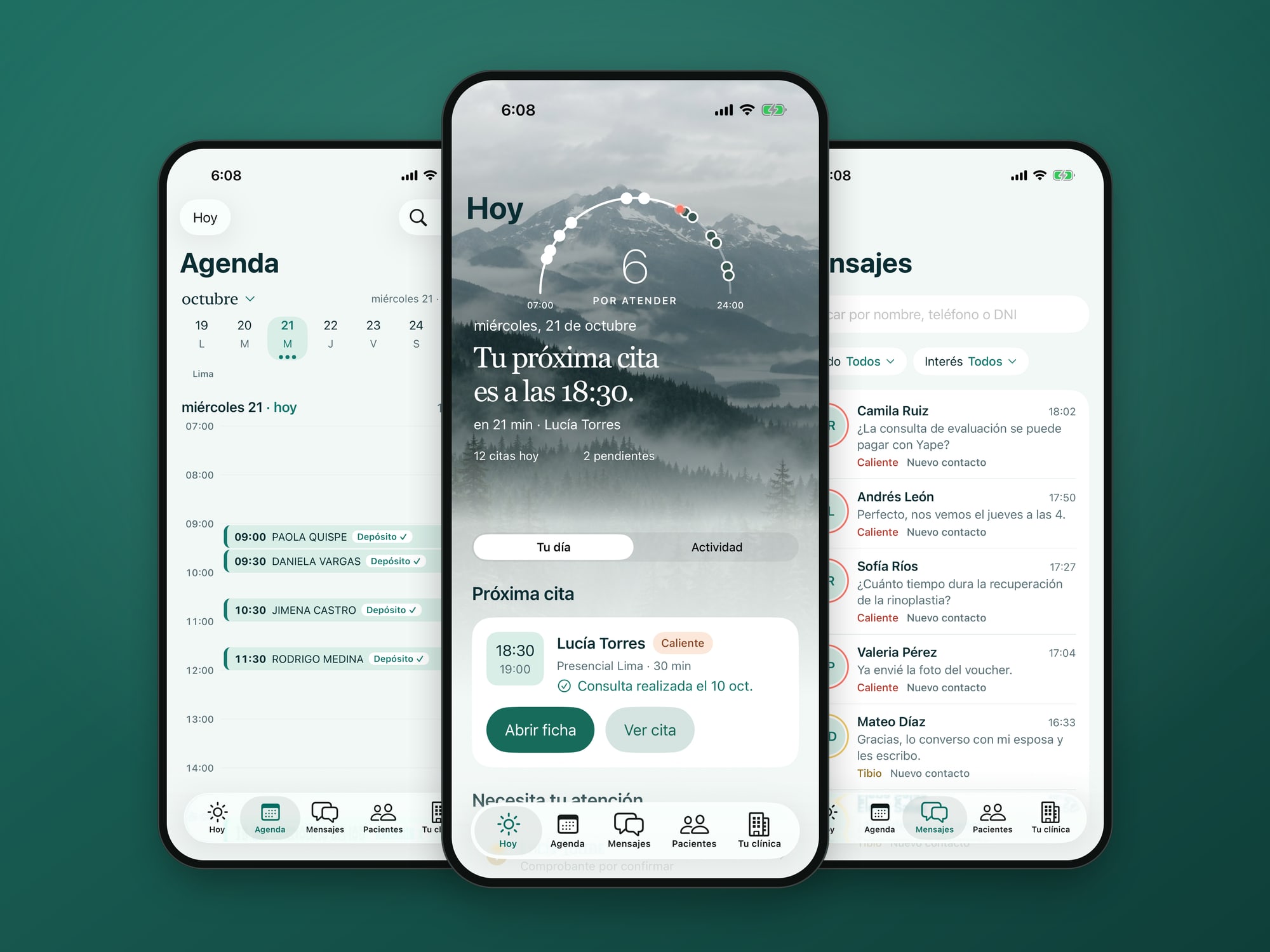 The intake app on three iPhones with sample data: the day's agenda, the Today screen with the next appointment, and patient messages.