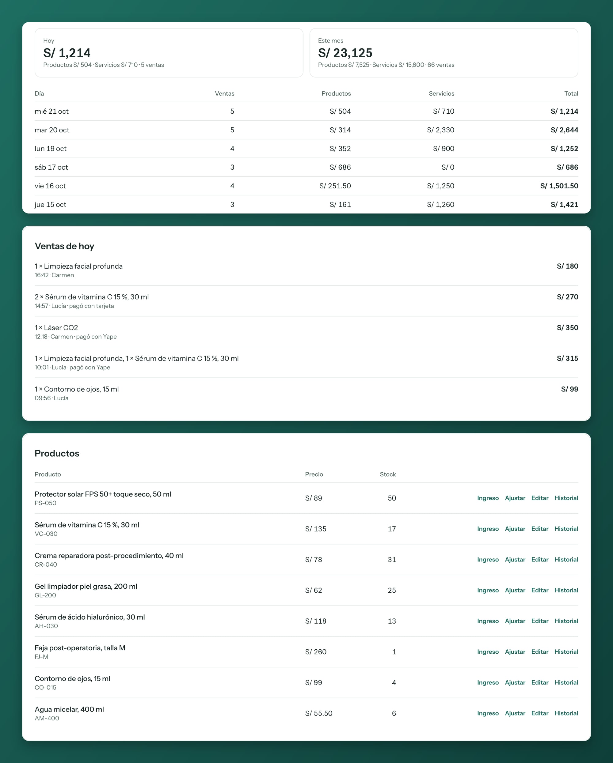 Inventory with sample data: the sales total for the day and the month, today's sales with who recorded them, and the list of products with their price and stock.
