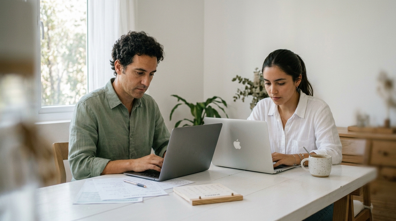 A clinic director in a sage green blouse goes over a laptop with a colleague at a white desk, printed sheets and a calendar beside them, in morning light.