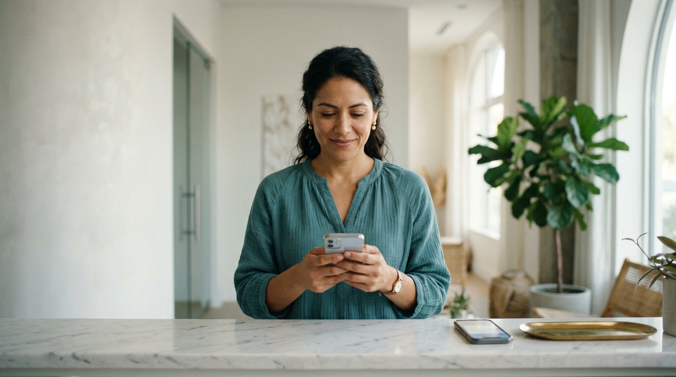 The same director reads a conversation on her phone behind the marble reception counter, attentive, in afternoon light.
