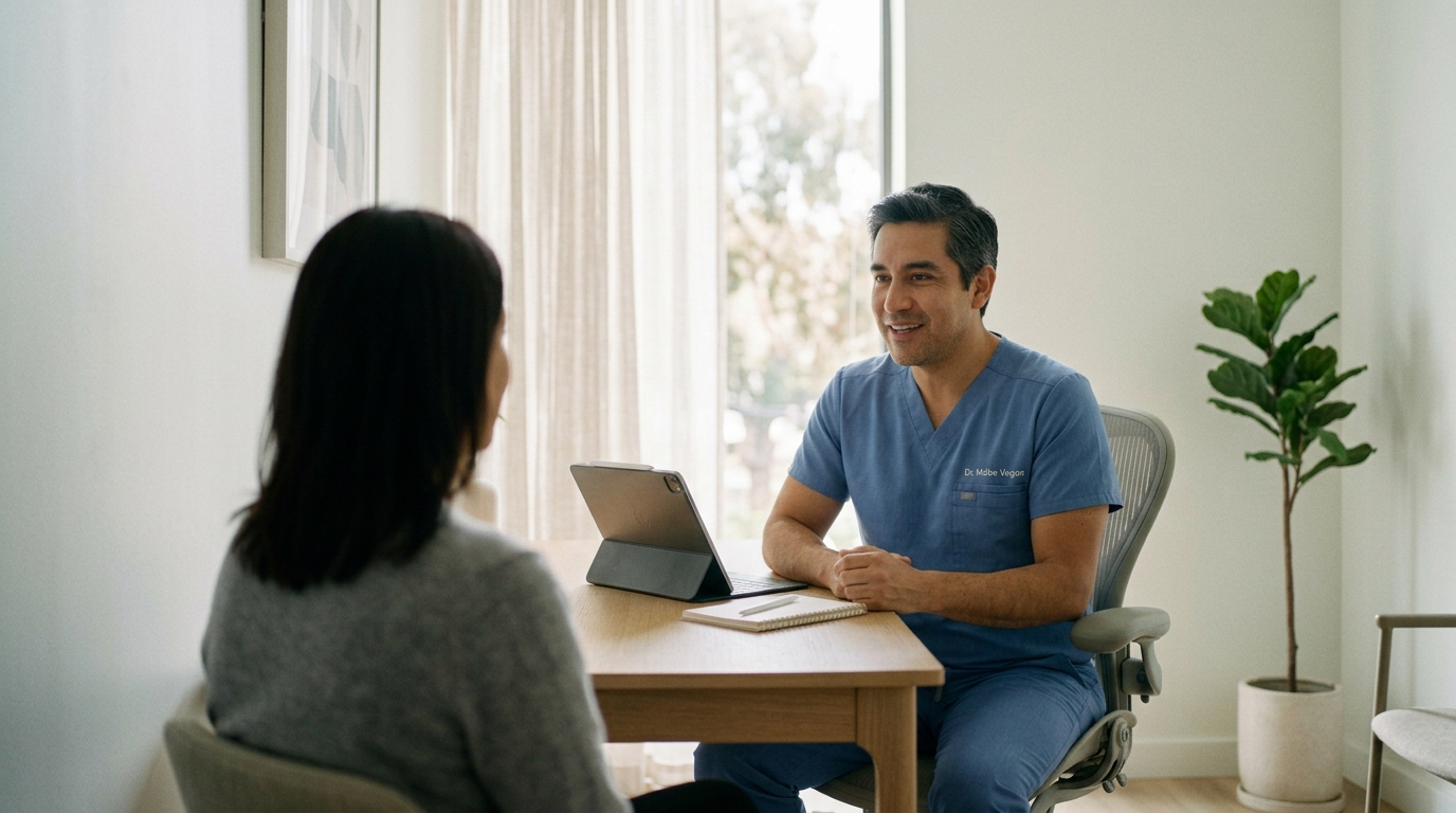 The director talks with a patient in the consultation room, a tablet on the desk showing a blurred dashboard.